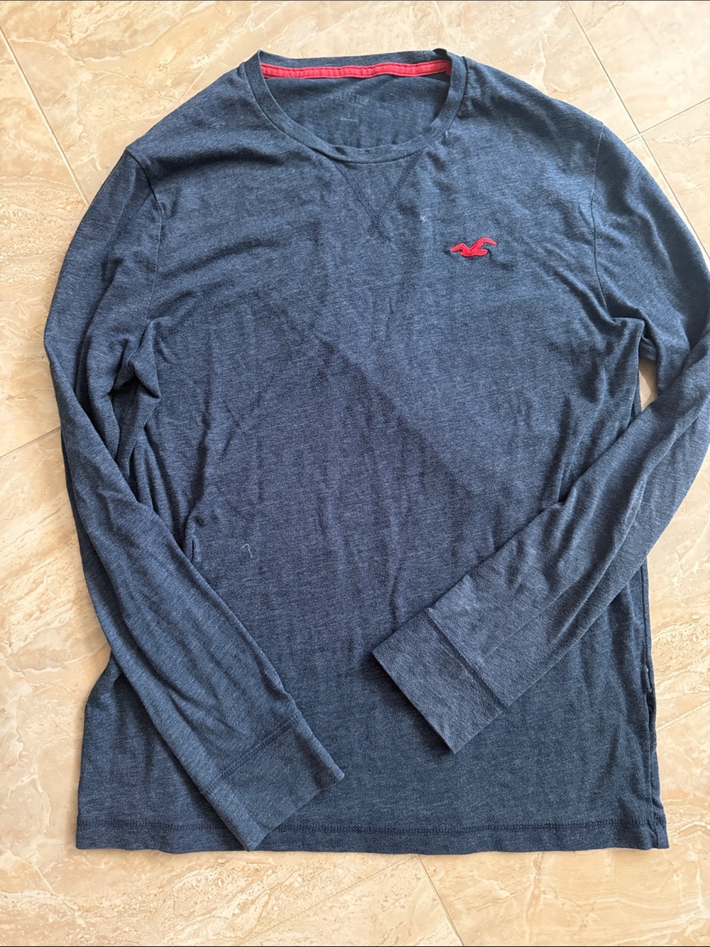 Hollister Men's Navy Long-Sleeve Crew with Red Logo